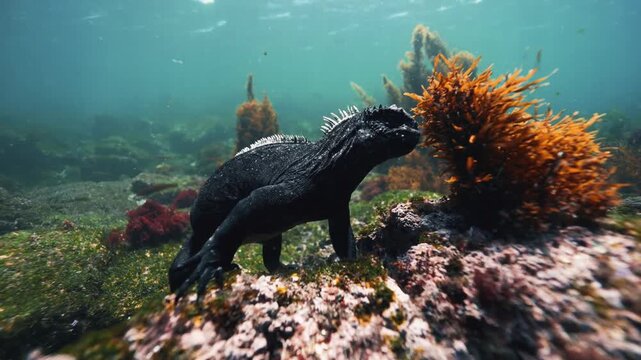 Marine Iguana Grazing on Orange Algae Under the Sea