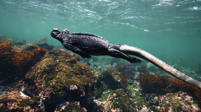 Marine Iguana Gracefully Swmming Through the Clear Ble Sea