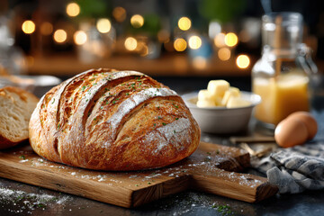 Freshly baked loaf of bread on wooden board