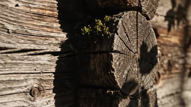 Weathered wooden log wall texture with deep grain, knots, moss, and shadows of leaves in sunlight