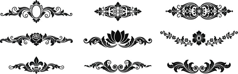 Set of black ornate design elements and floral patterns isolated on © Masud Crafts