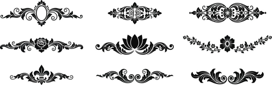 Set of black ornate design elements and floral patterns isolated on