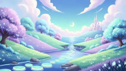 Dreamy pastel landscape with a shimmering river, blooming trees, and a distant castle under a crescent moon
