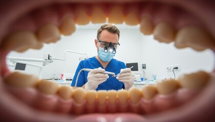 **image description** a dentist in blue scrubs examines teeth from a unique perspective, showcasing dental tools in a clinical setting.