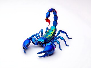 Vibrant blue scorpion with red stinger isolated on white background