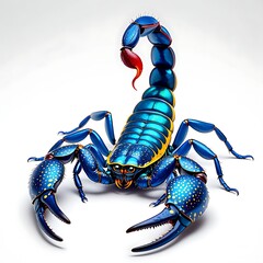 Vibrant blue scorpion with red stinger isolated on white background
