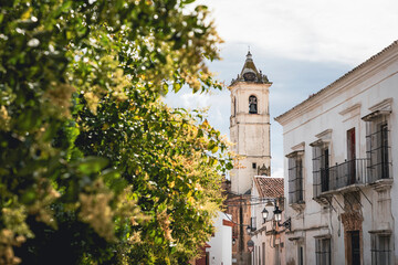 a street with a view to the church in Talavera la Real, province of Badajoz, Extremadura, Spain
