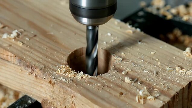 Industrial 4K close up of a powerful metal drill bit and a pine wood board during operation showing the resulting sawdust on the pine wood immediately after the drilling process