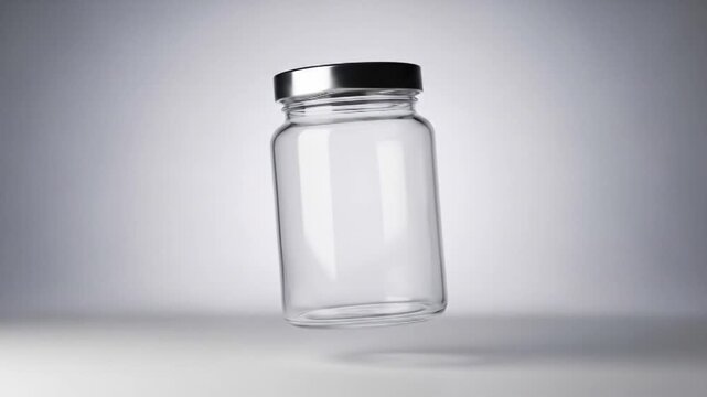 Empty Glass Jar with Black Lid Floating in a Studio Setting.