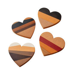 Heart-shaped coaster set wood or cork, isolated on transparent background