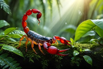 Vibrant red scorpion on a mossy rock surrounded by green leaves