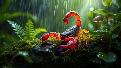 Vibrant red scorpion on a mossy rock surrounded by green leaves