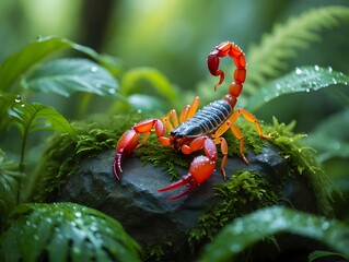 Vibrant red scorpion on a mossy rock surrounded by green leaves