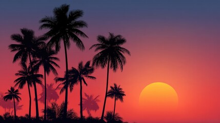 Obraz premium The scene shows palm trees silhouetted against a colorful sky as the sun sets on a tropical beach. The vibrant hues create a striking background during the evening hours.