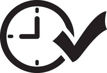 Black clock icon with checkmark symbol indicating completion or success time tick