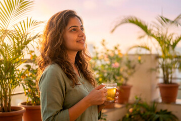 Young woman enjoying a warm drink on a balcony at sunset with potted plants