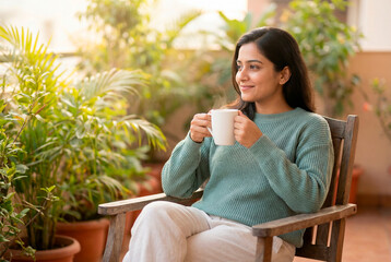 Young woman enjoying coffee or tea while relaxing on a balcony surrounded by lush green plants on a sunny day