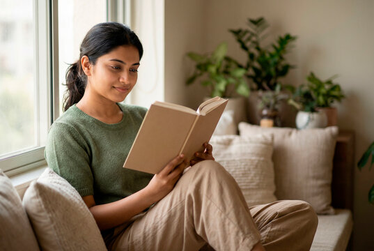 Young woman relaxing indoors, sitting comfortably by a window and engrossed in reading a book