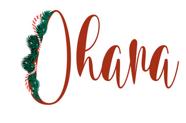 Vector design of &ldquo;Ohana&rdquo; with glowing Christmas lights in red, green, and yellow. Ideal for holiday cards, crafts, and family-themed prints.
