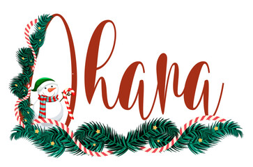Vector illustration of &ldquo;Ohana&rdquo; with a festive red bow, pine sprigs, and soft shadows. Ideal for cards, crafts, and seasonal branding.
