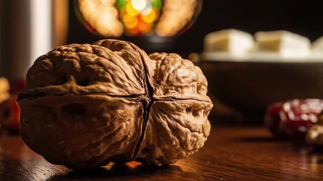 Macro close-up of whole walnut shell on wooden table with dates and Ramadan lantern background