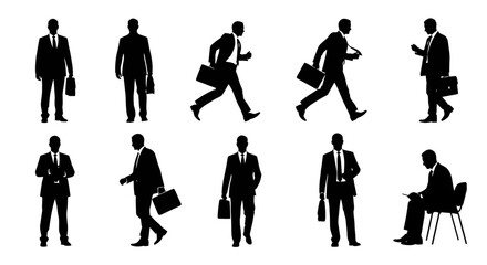 Obraz premium Business Silhouettes – Nine Professional Figures in Varied Poses with Briefcases and Seated Interaction
