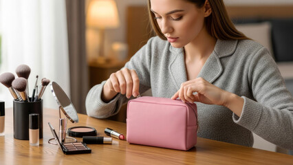 A young woman with a pink makeup bag on a wooden table surrounded by brushes, powders, and a mirror.