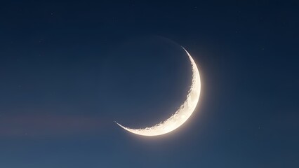 Moonlit Serenity: A radiant crescent moon hangs delicately in a deep indigo sky, casting a celestial glow. 