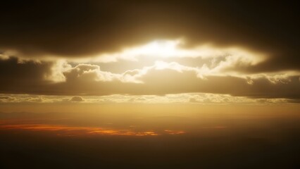 Obraz premium Golden Horizon: The sun sets painting the clouds with vibrant hues, illuminating the sky with a warm, golden glow, the image evokes a feeling of peace and serenity.