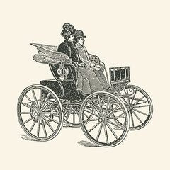 Fototapeta premium Early Automobile with Passengers Vintage Illustration
