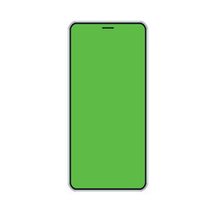Vector design of a modern all-screen cell phone with thin bezels, viewed from the front with a green screen on a white background