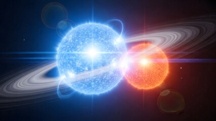 Fototapeta premium Celestial Dance: A mesmerizing display of cosmic beauty unfolds as two radiant stars engage in a celestial ballet, encircled by the ethereal glow of orbiting rings.