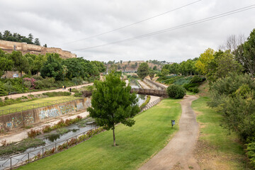 Rivilla river and the park on the ring road close to the Alcazaba of Badajoz, Extremadura, Spain