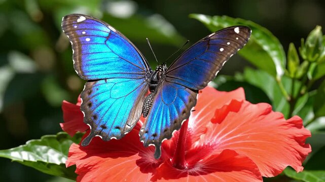 Blue Morpho butterfly opening iridescent wings on red hibiscus flower in sunny tropical garden