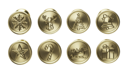 Group of golden wax seals or coin-shaped stamps with festive Christmas designs, isolated on a transparent background PNG (गोल्डन सील)