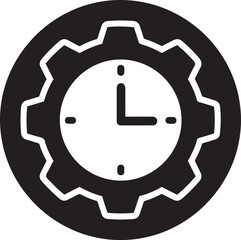 Black circular gear with white clock face and hands indicating 3 oclock time mechanical