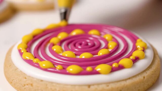 Close up of hands decorating sugar cookie with pink and yellow royal icing spiral pattern