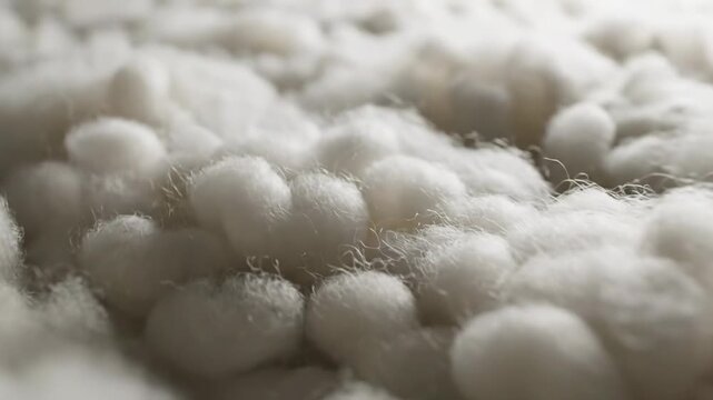 Macro view of soft white cotton wool texture and fluffy natural fiber textile background