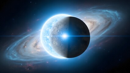 Celestial Planet in the Galaxy: A mesmerizing view of a planet suspended in the cosmic expanse, framed by a luminous galaxy and a bright celestial object, evoking wonder and awe.