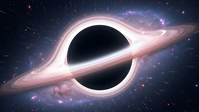 Black Hole's Cosmic Allure: A captivating depiction of a black hole, a cosmic phenomenon, showcases its gravitational pull and the ethereal swirl of the accretion disc.