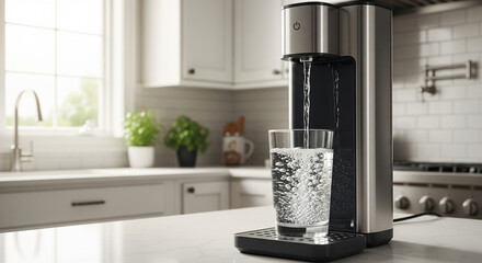 Modern stainless steel water dispenser filling a glass with fresh filtered water in a bright kitchen for hydration concept.