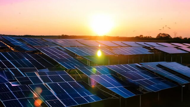 Solar panels arranged in rows capture sunlight as the sun sets in the background, renewable energy's role in sustainable development and environmental conservation.