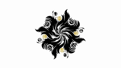 Intricate black and gold ornamental pattern radiating from the center with a sense of elegance and mystery.