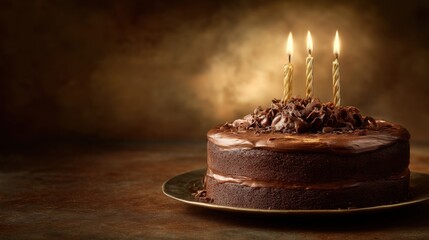 A chocolate cake sits on a plate with three lit candles on top. The background features warm colors that create a festive atmosphere. This is a scene from a celebration.