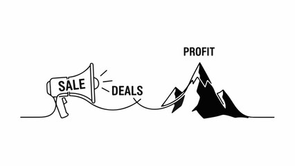 Megaphone announcing sales and deals leading to the peak of profit on a mountain.