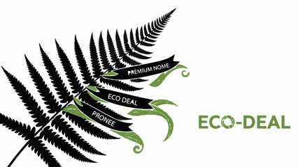 Elegant fern frond with "Eco Deal" text and "Premium" ribbon, symbolizing natural growth and sustainable offers.