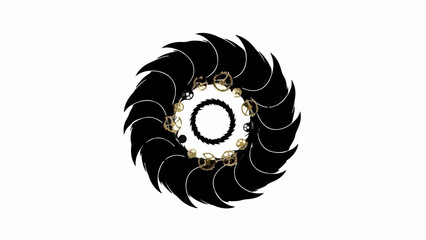 Abstract black and gold circular design with sharp, radiating elements on a white background