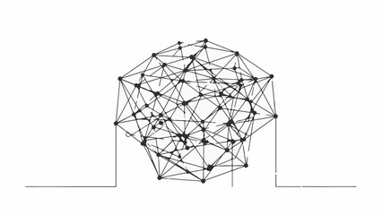 Intricate network of interconnected dots and lines forming a complex abstract sphere.