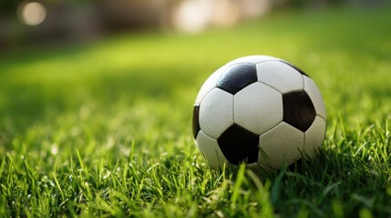 Fototapeta premium A black and white soccer ball sits on lush green grass in a park. Sunlight shines down creating a bright and cheerful atmosphere for outdoor play.