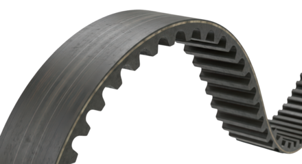 Detailed view of a thick black timing belt or ribbed drive belt, isolated on a transparent background PNG for engine service (टाइमिंग बेल्ट)